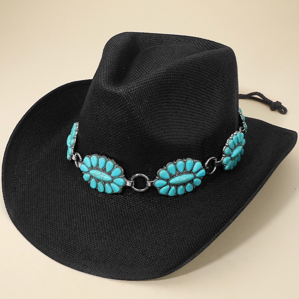 Black Western Cowboy Fedora Hat with Turquoise Concho Chain Band